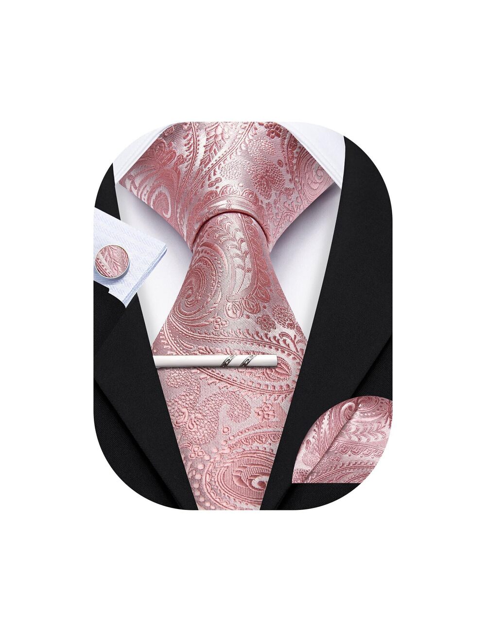 6276 Blush Pink Tie with Tie Clip Paisley Silk Necktie Pocket Square